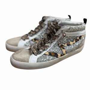 Silver Glitter High-Top Sneakers with Leopard Print